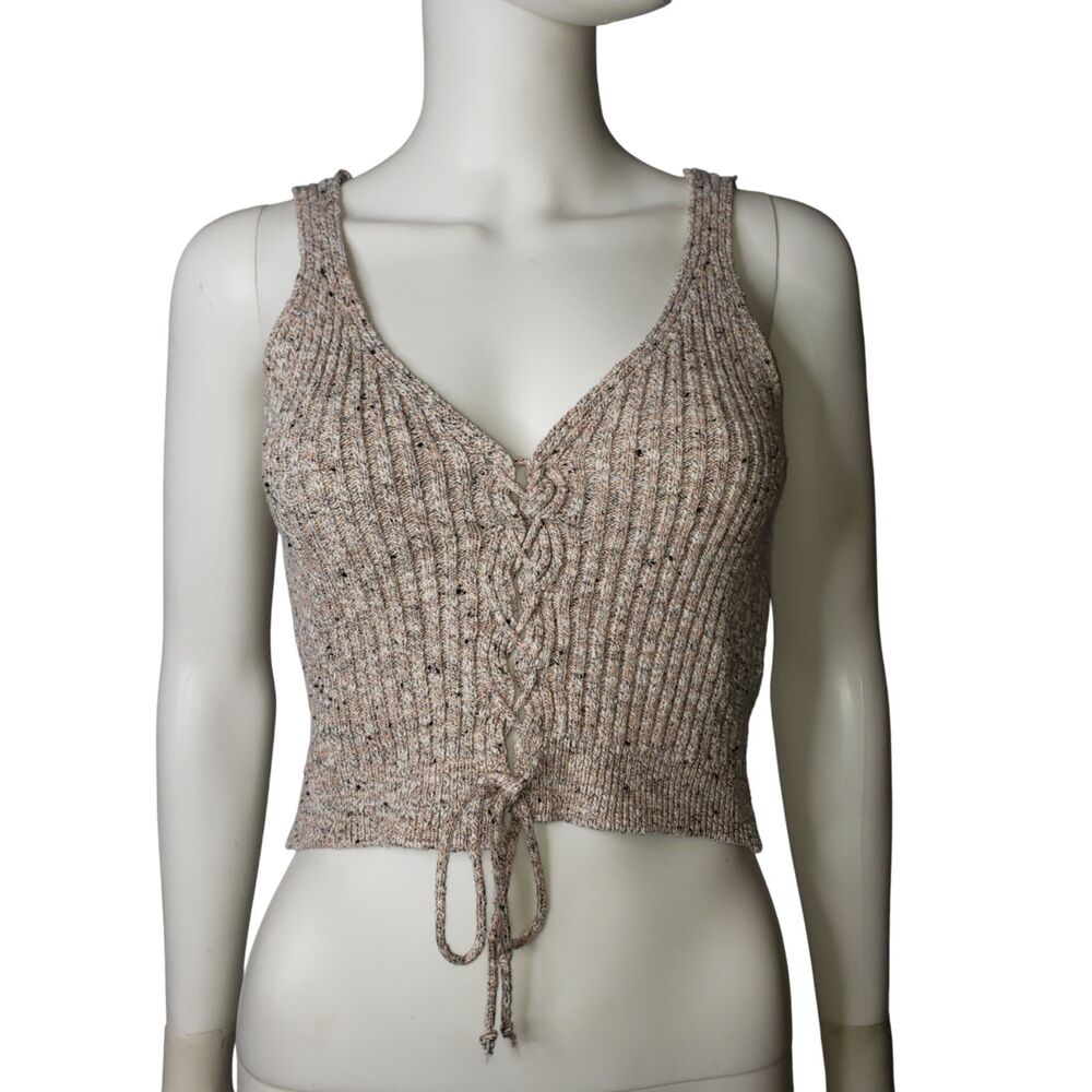 DEBUT Tan Cream Knit Tank Top with Lace Up Detail Womens Size Small